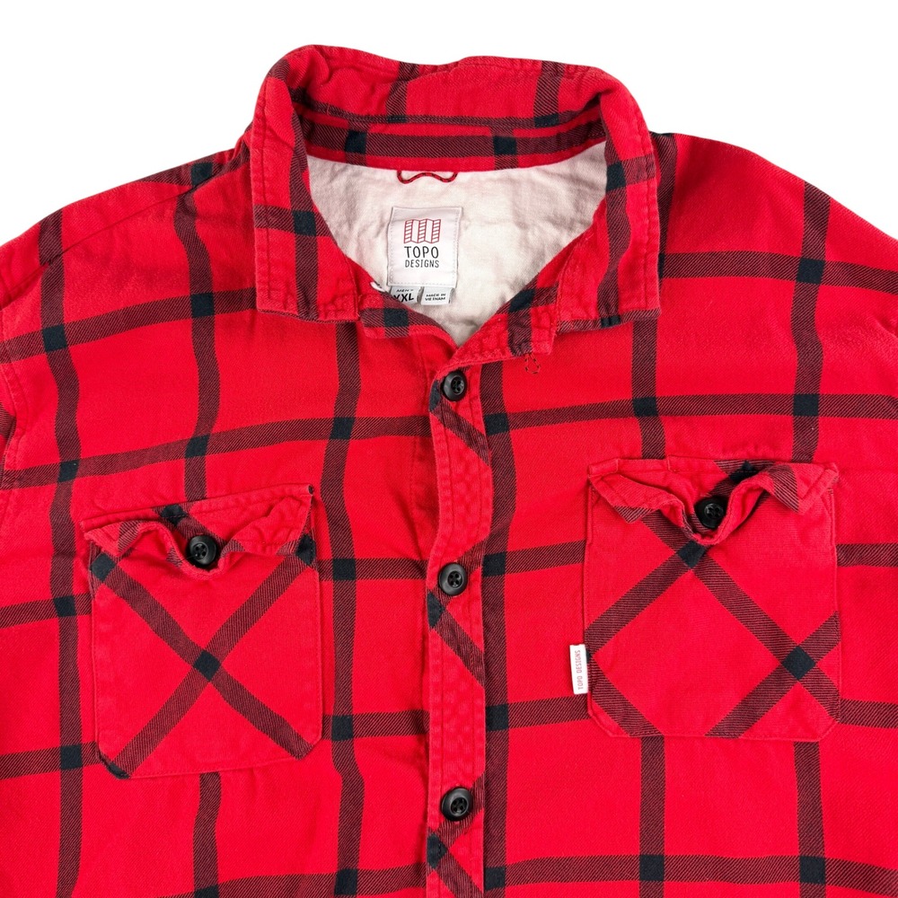 TOPO DESIGNS Mens XXL 2XL Red Black Plaid Flannel Shirt Organic Cotton Hiking